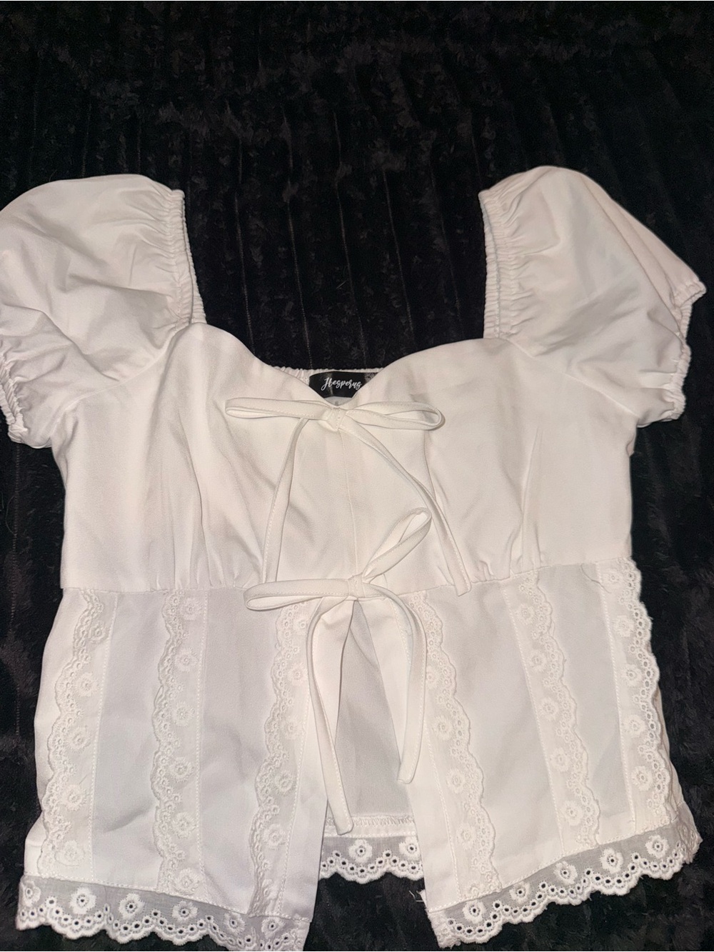 Whimsical White Lace Tie-Front Peasant Top - Picture 2 of 6